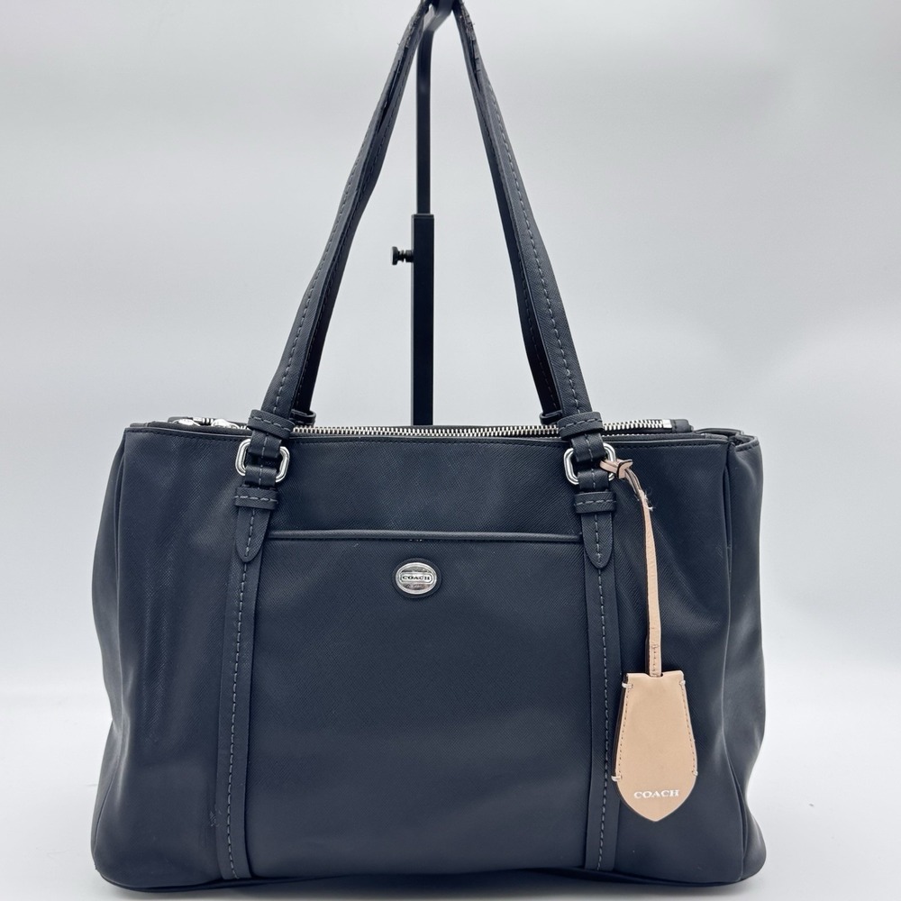 Coach Peyton Jordan Double Zip Carryall Satchel Bag Black Saffiano Leather Purse
